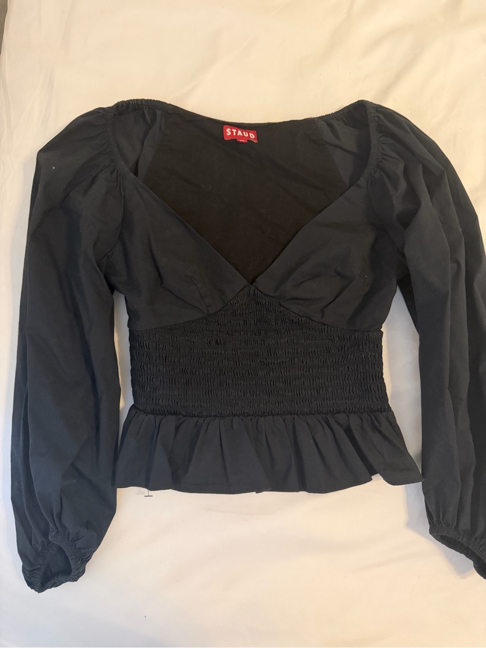STAUD Black Smocked V-Neck Peplum Blouse